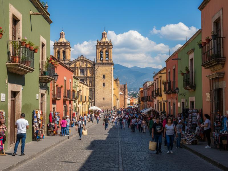 Colorful colonial buildings and Santo Domingo Cathedral in Oaxaca city center with mountains in the background