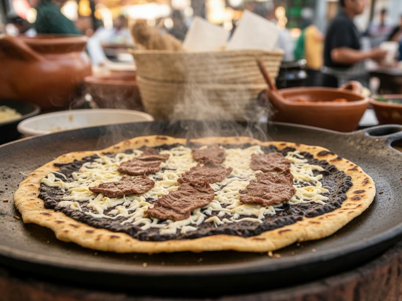 Traditional Oaxacan tlayuda flatbread with beans, quesillo cheese, and tasajo beef on a comal at a market stall