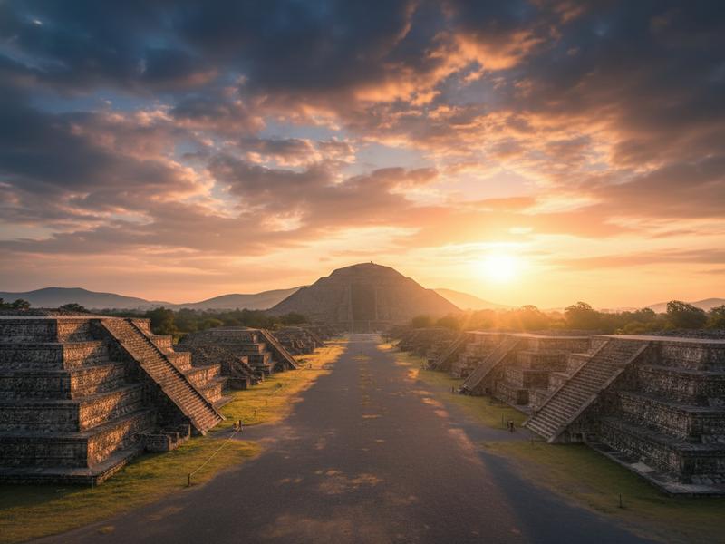 Sun rising over the Pyramid of the Sun at Teotihuacan archaeological site with the Avenue of the Dead stretching into the distance