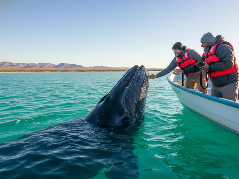Gray whale approaching a small boat in San Ignacio Lagoon Baja California allowing tourists to touch its head