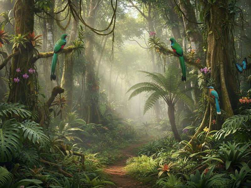 Adventure traveler soaring on a zip line above the lush jungle canopy in Mexico with mountains in the background