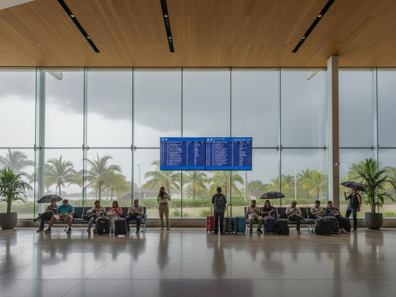Airport departure board in Mexico showing delays during storm season, illustrating why flexible travel days matter