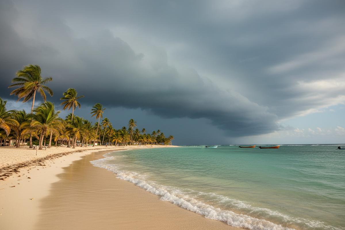 Storm clouds over the Mexican Caribbean coast during hurricane season with calmer water beyond