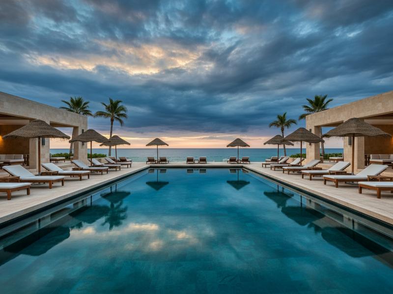 Luxury Mexico resort pool under dramatic summer skies showing the kind of value travelers find in off-peak storm season