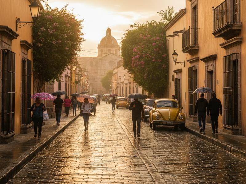Oaxaca City after a summer rain shower with wet stone streets and warm evening light