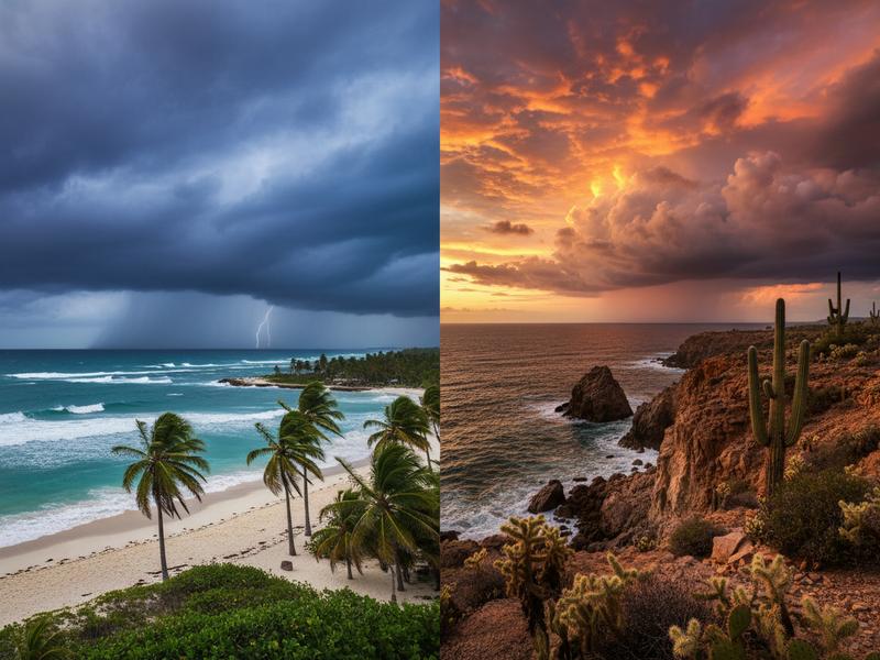 Split-scene comparison of the Mexican Caribbean coast and Baja California Sur during storm season
