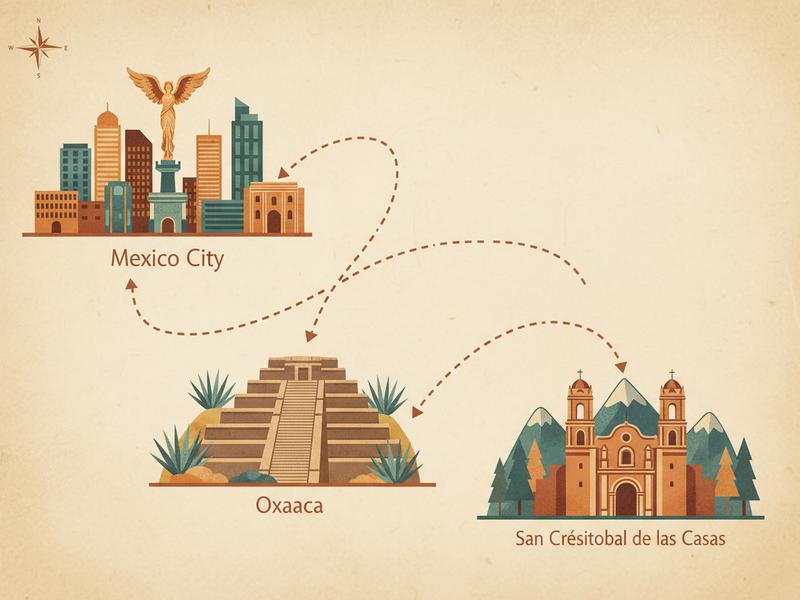 Map showing the classic culture route through Mexico City, Oaxaca, and San Cristóbal de las Casas