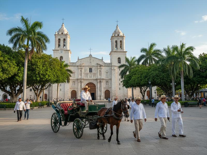 Beautiful colonial buildings lining Mérida's main plaza with horse-drawn carriages