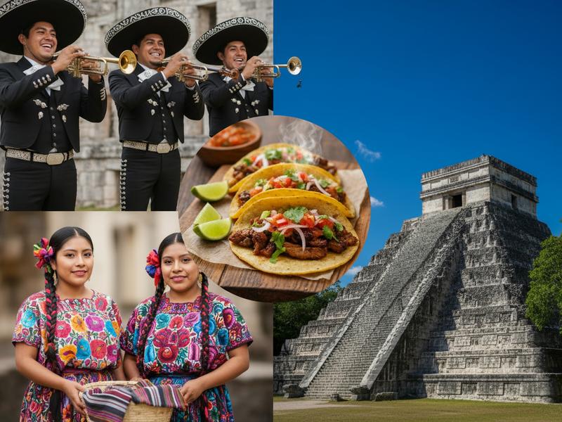 Collage showing Mexico's cultural diversity with mariachi musicians, traditional dancers, ancient ruins, and colonial architecture
