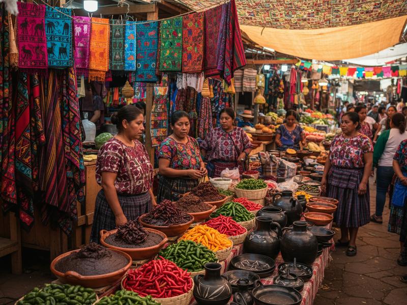 Colorful Oaxaca market with indigenous women selling textiles and traditional foods
