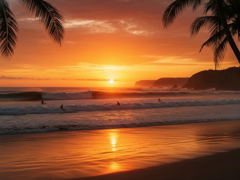 Spectacular sunset at Puerto Escondido beach with surfers in silhouette