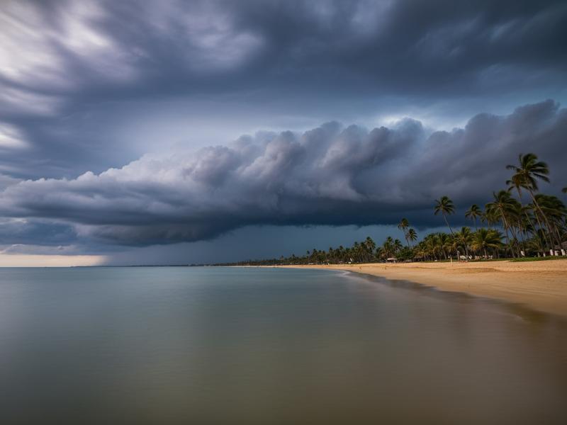 Pacific coast beach at Puerto Escondido during rainy season with dramatic storm clouds building over the ocean