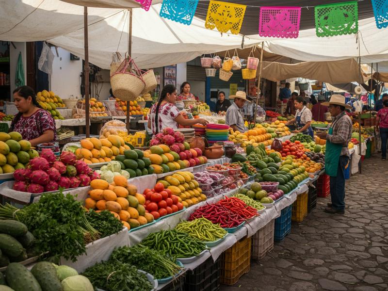 Colorful mercado in Oaxaca with fresh seasonal produce available during Mexico's summer rainy season