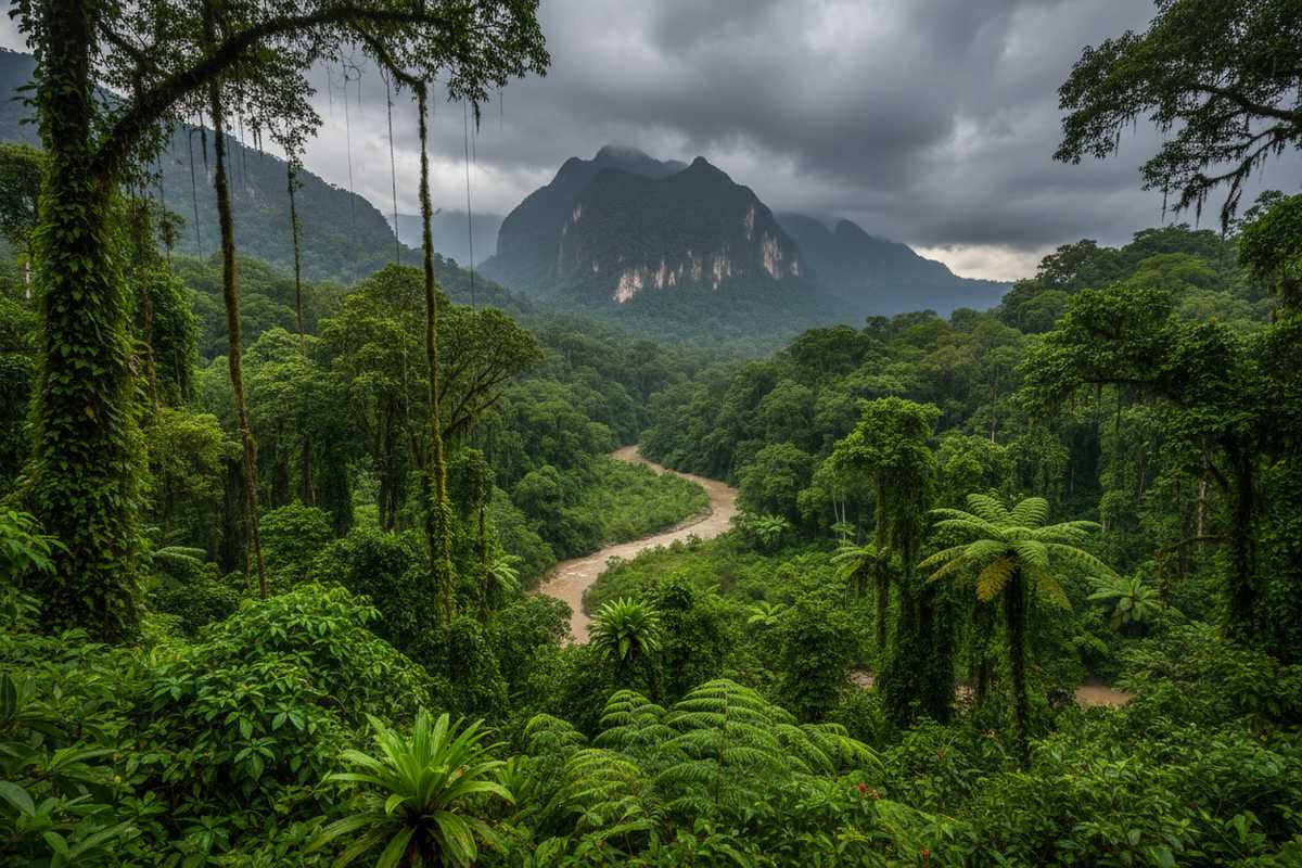 Lush green jungle landscape in Oaxaca during Mexico's rainy season with dramatic storm clouds