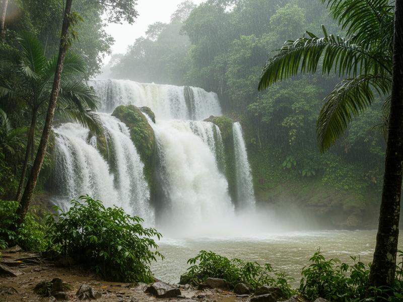 Powerful cascade at Agua Azul waterfalls in Chiapas at full flow during Mexico's summer rainy season