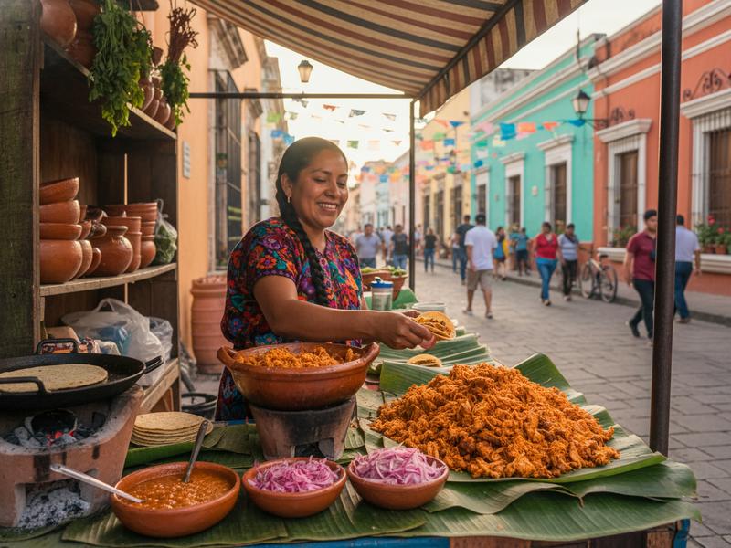 Street food vendor in Mérida serving cochinita pibil tacos with peso prices displayed on handwritten signs
