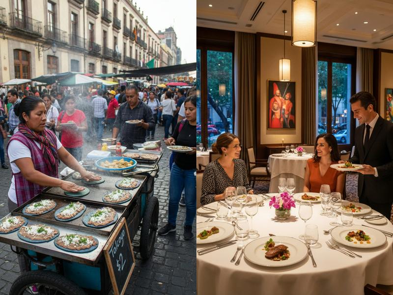 Street food vendor next to upscale Mexico City restaurant showing the dramatic price range available in the capital