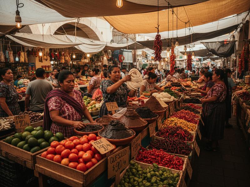 Traditional Oaxaca market with vendors selling fresh produce with peso price tags showing local affordability