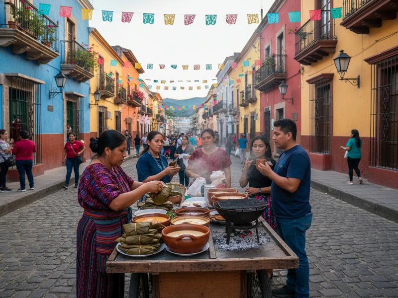 Colorful indigenous market food stall in San Cristóbal de las Casas with traditional Mexican meals priced in pesos