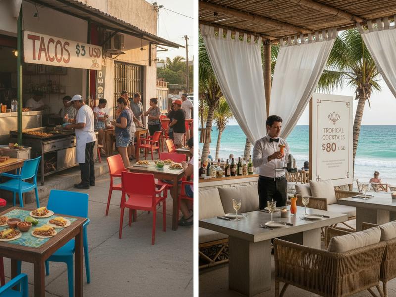 Split image showing budget street tacos for $3 next to luxury beachfront restaurant meal costing $80 in Tulum