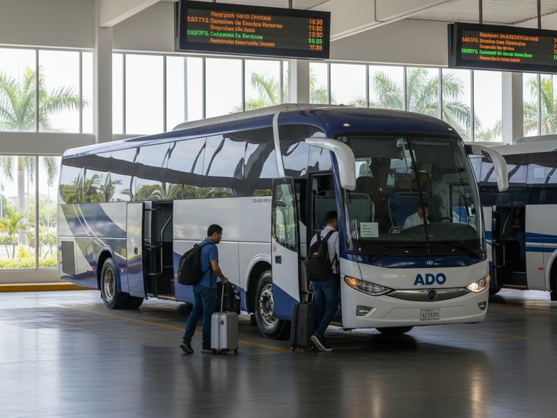 Modern ADO first-class bus at a Mexican bus station with passengers boarding