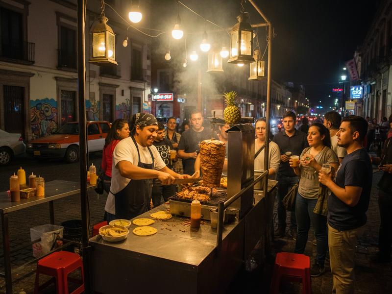 Street food vendor serving tacos in a busy Mexican market with steam rising from the grill