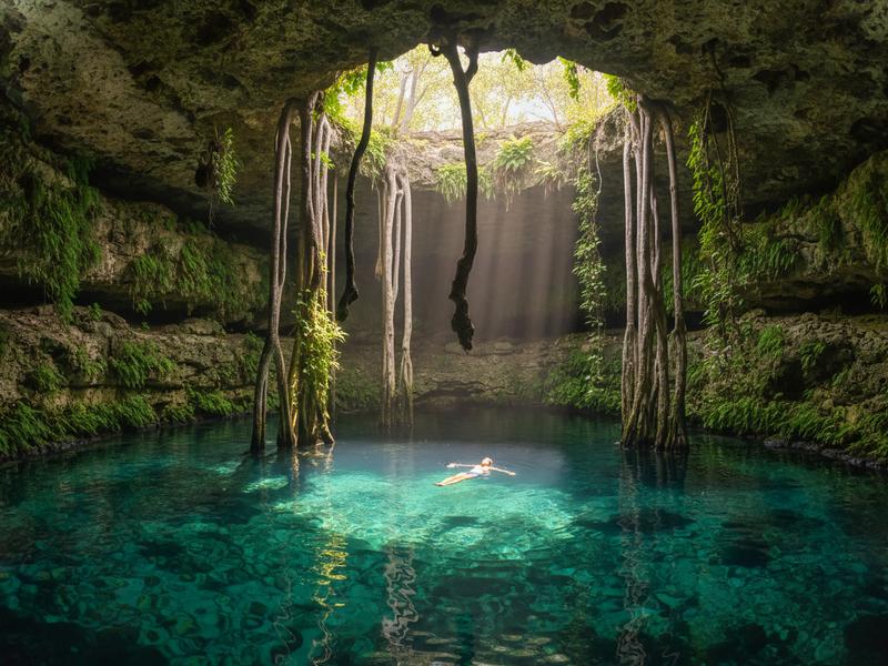 Crystal-clear turquoise water inside a cenote with tree roots hanging from above in the Yucatan Peninsula