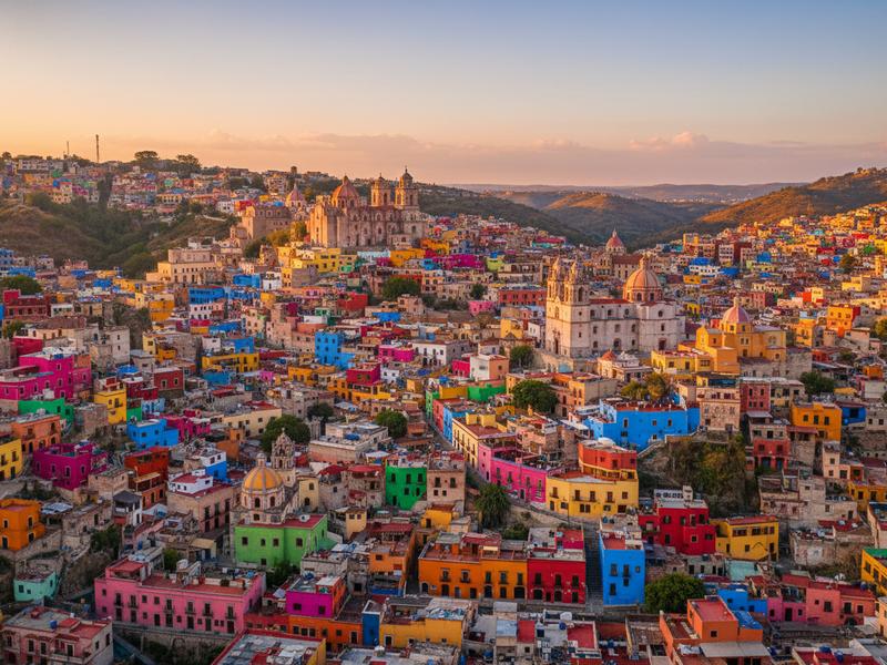 Vibrant colonial street in Guanajuato with brightly painted buildings and locals walking