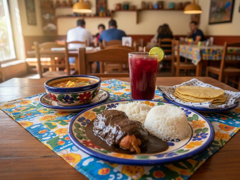 Traditional Mexican comida corrida set lunch with soup, rice, mole, tortillas, and agua fresca on a colorful tablecloth