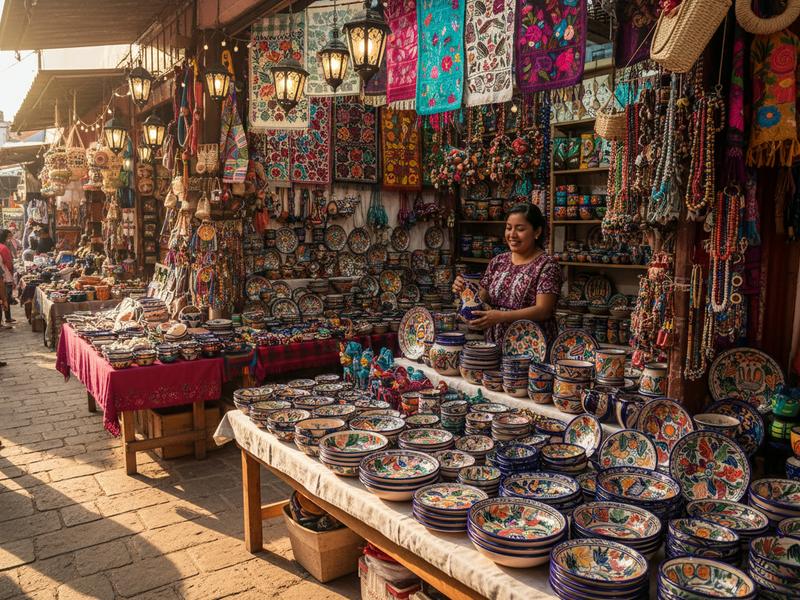 Colorful traditional Mexican handicraft market with pottery, textiles, and handmade goods