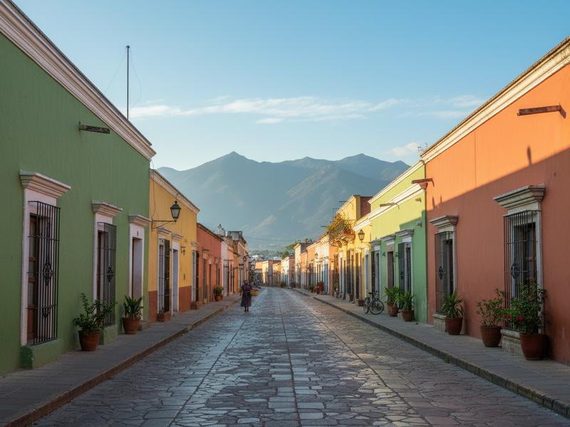 Colorful colonial buildings on a quiet street in Oaxaca City with mountains in the background