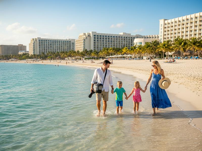 Family with two young children playing in the shallow turquoise water at a Cancun beach in Mexico, Hotel Zone in the background