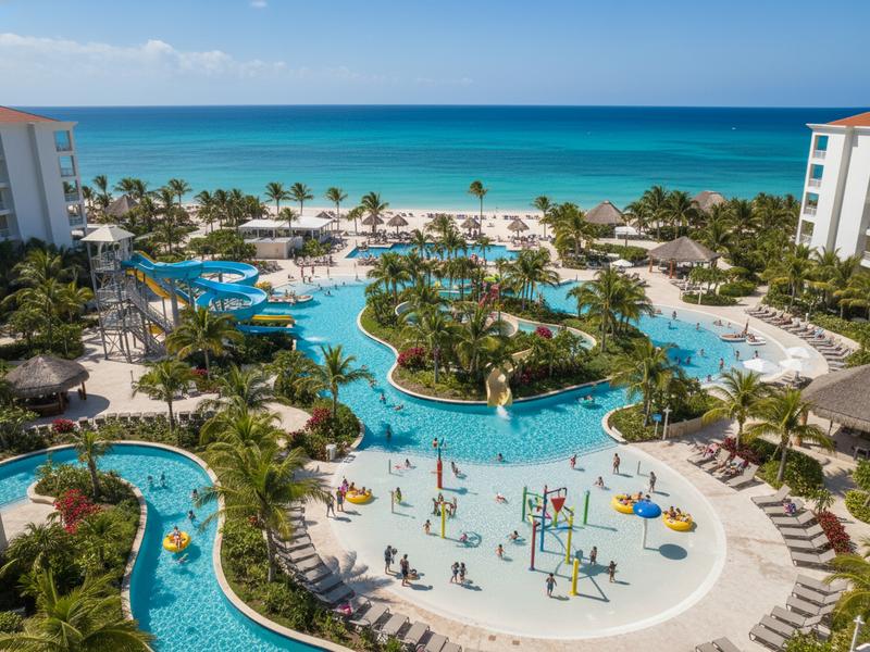 Family-friendly all-inclusive resort pool in Cancun Mexico with a water slide, lazy river, and children playing in the shallow end
