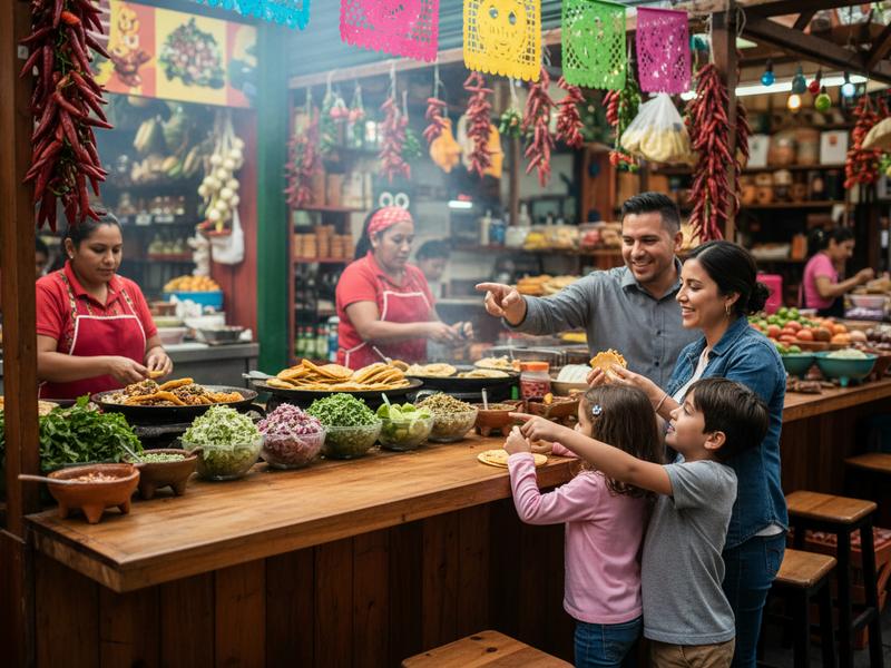 Family with children at a Mexican market eating quesadillas and tacos together, colorful food stalls in background