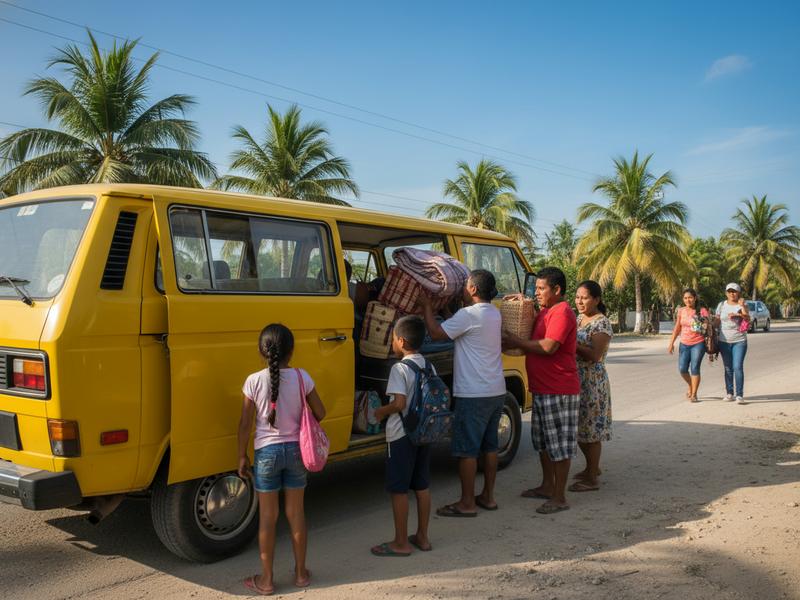 Family boarding a colectivo van in Yucatan Mexico on a sunny day heading to Chichen Itza, with luggage and children