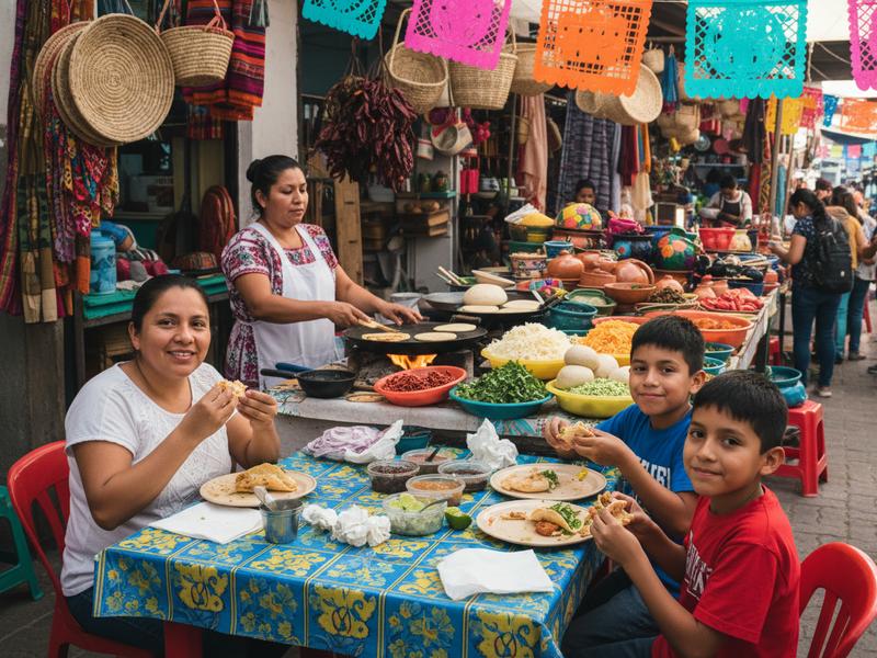 Family eating at a Mexican market food stall with colorful tacos and quesadillas, budget family travel in Mexico