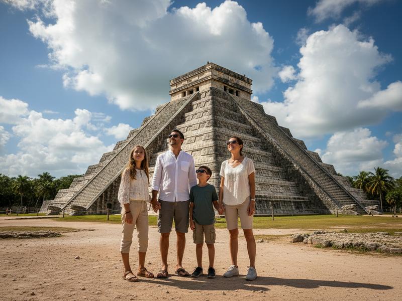 Family with children visiting Chichen Itza ruins in Yucatan Mexico, El Castillo pyramid in the background on a clear day