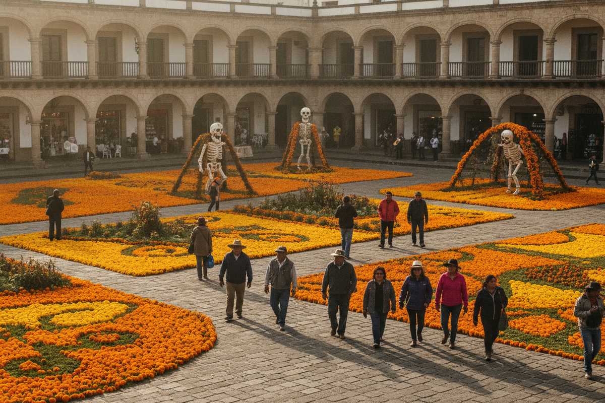Travelers walking through marigold decorations in Pátzcuaro during Day of the Dead
