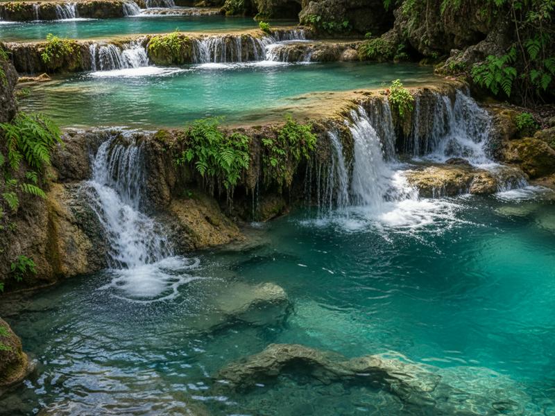 Cascading turquoise pools below Minas Viejas waterfall surrounded by tropical vegetation