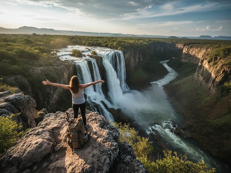 Person standing at viewpoint overlooking Minas Viejas waterfall and pools
