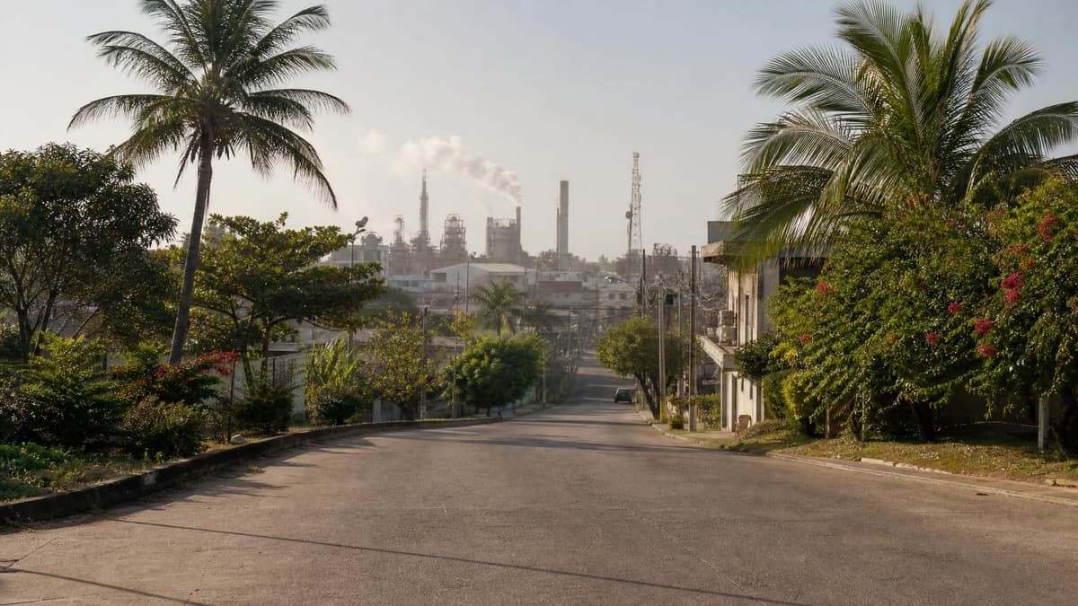 Dry December morning road scene in Minatitlan with tropical southern Veracruz greenery