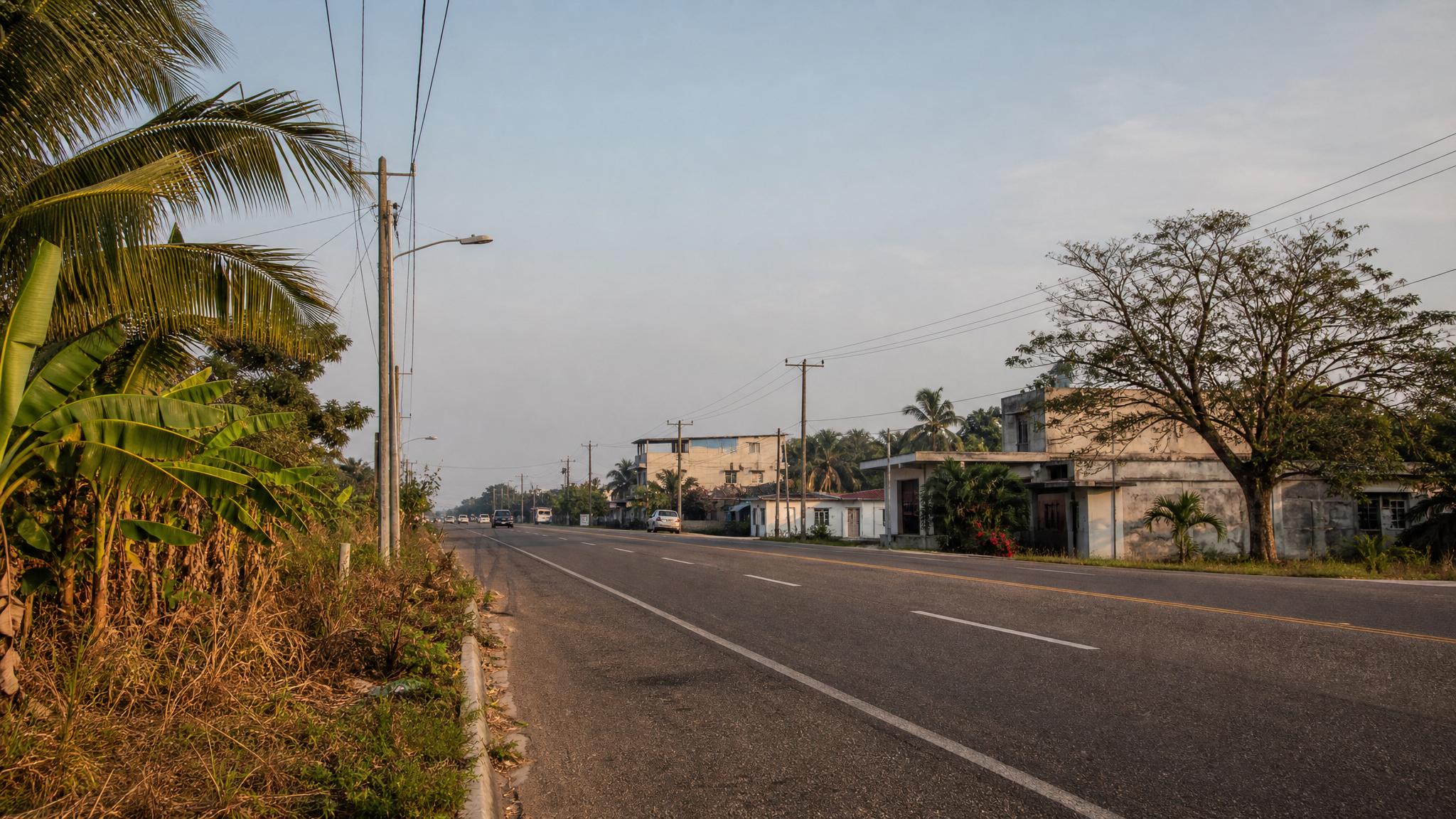 Dry February morning road scene in Minatitlan with southern Veracruz greenery and warm Gulf light