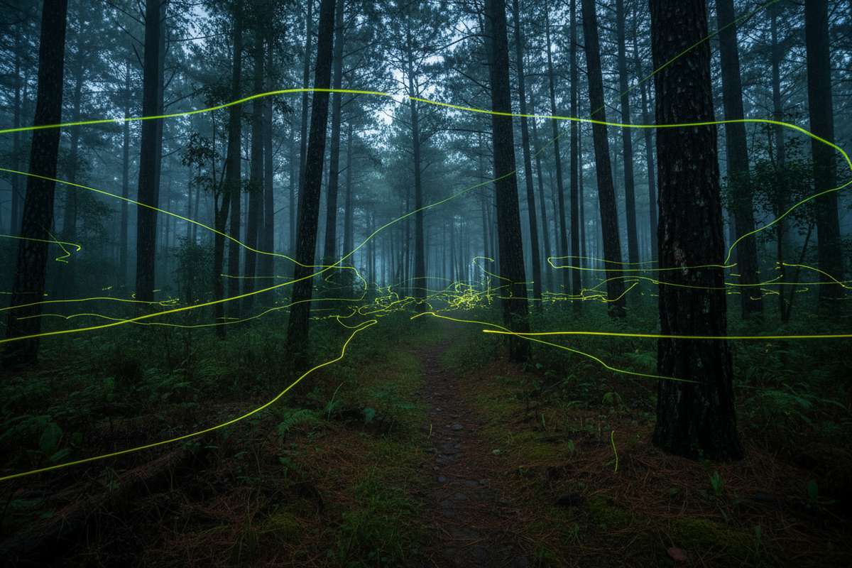 Fireflies glowing in the dark forest at Nanacamilpa Firefly Sanctuary in Tlaxcala