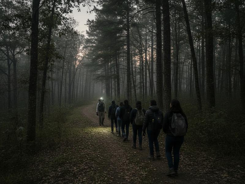 Visitors walking quietly on a dark Nanacamilpa forest trail with a guide