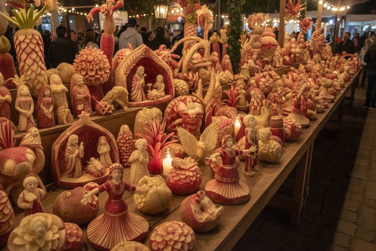 Carved radish display at Noche de Rabanos in Oaxaca