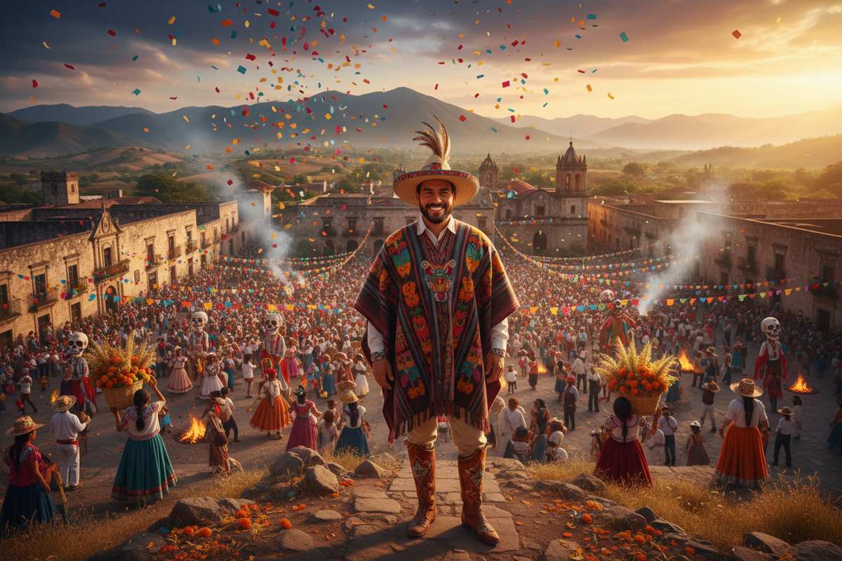 Oaxacan dancers in traditional dress performing outdoors during a regional festival