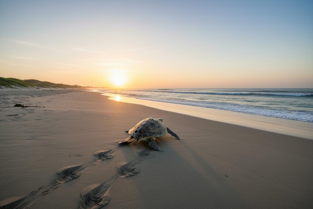 Olive ridley turtle returning to the Pacific at a protected Oaxaca beach