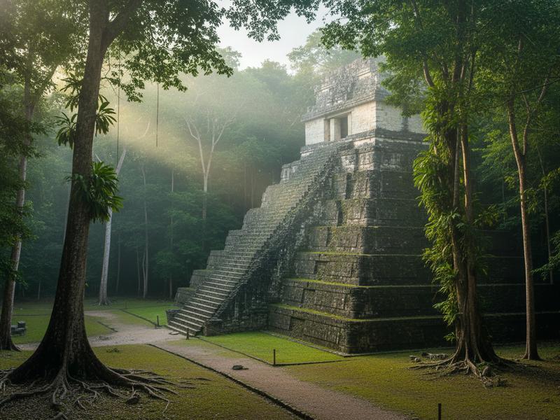 Morning mist rising from the jungle at Palenque with temples emerging from the forest