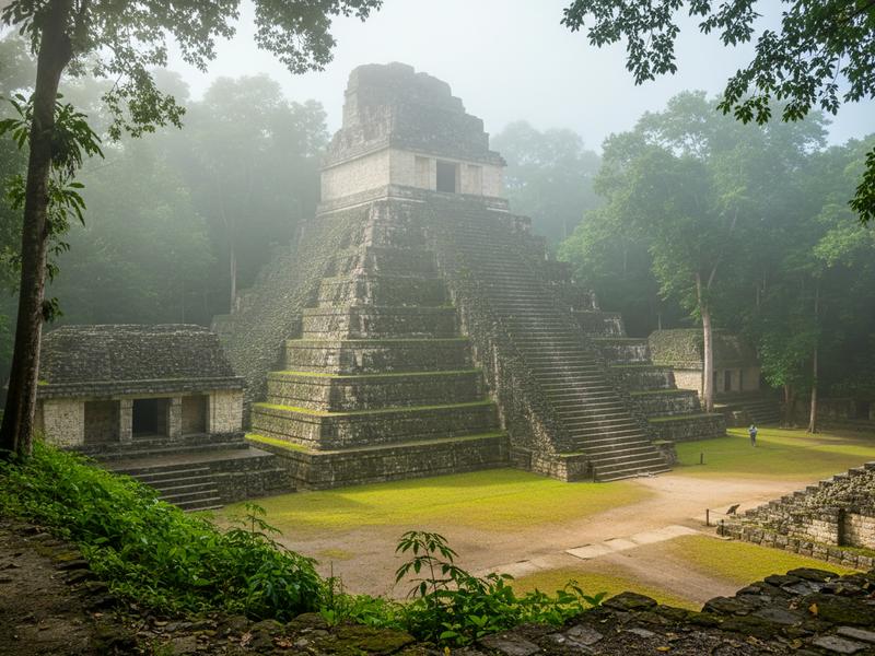 Panoramic view of Palenque archaeological site showing the Palace, Temple of Inscriptions, and surrounding jungle