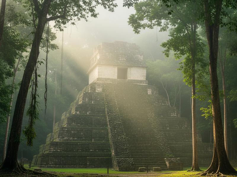 Temple of Inscriptions at Palenque with its distinctive nine levels rising from the plaza